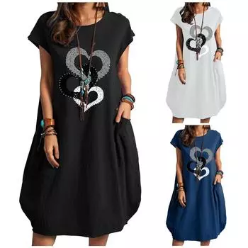 Женское повседневное свободное платье большого размера с принтом «любовь» из хлопка и льна с карманами L тёмно-синий