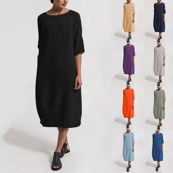 Женское повседневное свободное платье из хлопка и льна со средним рукавом и круглым вырезом большого размера XXXXL серый