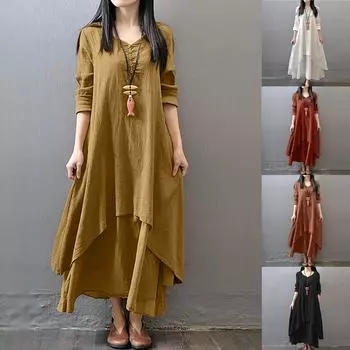 Женское повседневное свободное платье из хлопка и льна с длинным рукавом в стиле бохо, нерегулярное платье