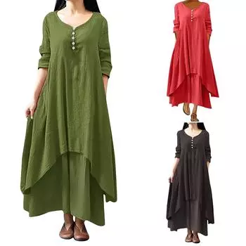 Женское повседневное свободное платье из хлопка и льна с длинным рукавом в стиле бохо, нерегулярное платье
