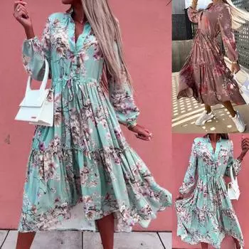 Женское повседневное свободное платье макси с длинными рукавами и принтом на талии L синий