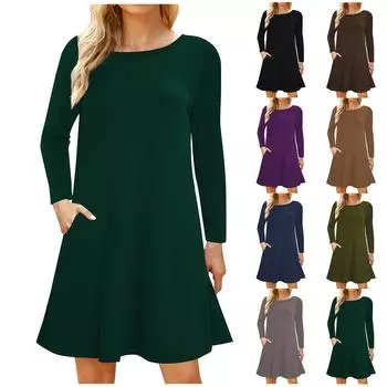 Женское повседневное свободное платье-пуловер с круглым вырезом и карманами с длинными рукавами M коричневый