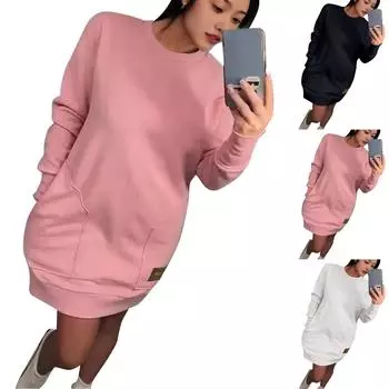 Женское повседневное свободное платье-пуловер с карманом, длинным рукавом и средней длиной с капюшоном L чёрный