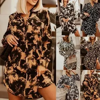 Женское повседневное свободное платье-рубашка с длинными рукавами и винтажным принтом, осень L бежевый