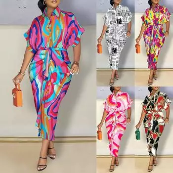 Женское повседневное свободное платье-рубашка с V-образным вырезом и пуговицами, длинное платье