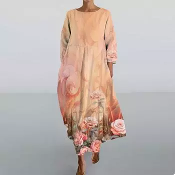Женское повседневное свободное платье с цветочным принтом R, хлопковое и льняное повседневное платье с рукавами 3/4, пляжное платье M оранжевый