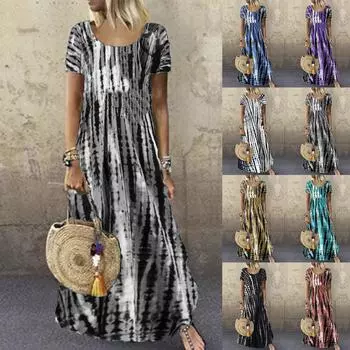 Женское повседневное свободное платье с длинным подолом и круглым вырезом с коротким рукавом и принтом тай-дай XXXL фиолетовый