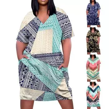 Женское повседневное свободное платье с карманами и карманами с большим V-образным вырезом и короткими рукавами XXL