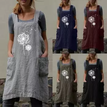 Женское повседневное свободное платье с карманом и принтом одуванчиков, фартук с нерегулярной строчкой, хлопковое и льняное платье L чёрный
