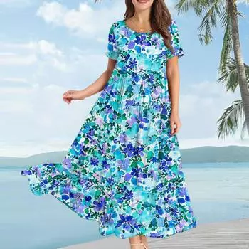 Женское повседневное свободное платье с коротким рукавом и бохо-цветочным принтом XXL синий