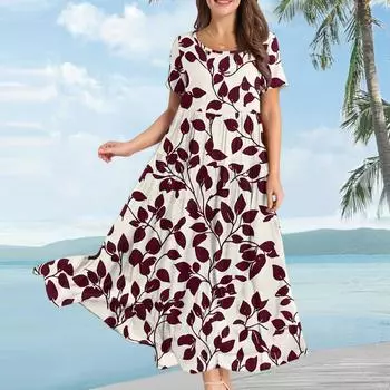 Женское повседневное свободное платье с коротким рукавом и бохо-цветочным принтом S винный