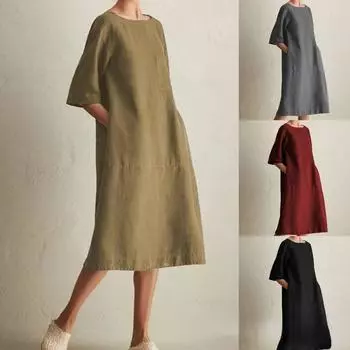 Женское повседневное свободное платье с круглым вырезом больших размеров S хаки