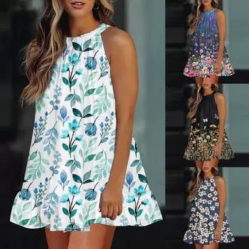 Женское повседневное свободное платье с принтом и завязками на шее, свободное платье с оборками XXL чёрный