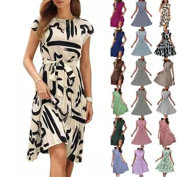 Женское повседневное свободное платье с принтом и плиссировкой на талии Платье с принтом и плиссировкой на талии M чёрный