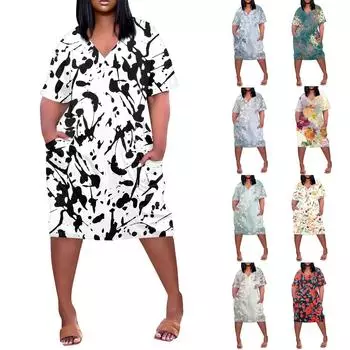 Женское повседневное свободное платье с v-образным вырезом и рукавами с натуральным цветочным принтом для отпуска L бежевый