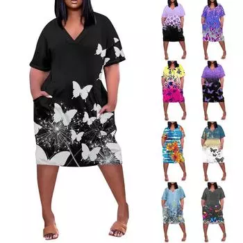 Женское повседневное свободное платье с v-образным вырезом и рукавами-бабочкой для отпуска L чёрный