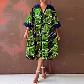 Женское повседневное свободное платье с v-образным вырезом и коротким рукавом большого размера с принтом M темно-синий