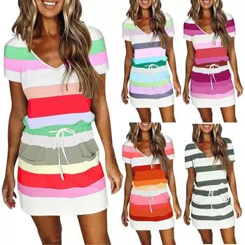 Женское повседневное свободное платье с v-образным вырезом и коротким рукавом в полоску с принтом S красный