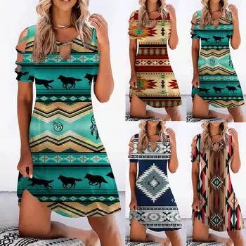 Женское повседневное свободное платье с винтажным принтом и круглым вырезом с открытыми плечами и короткими рукавами L синий