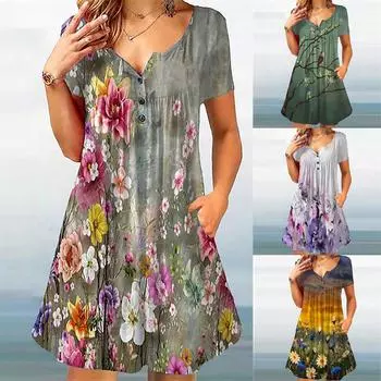 Женское повседневное свободное платье с высокой талией и пуговицами с рюшами и принтом L