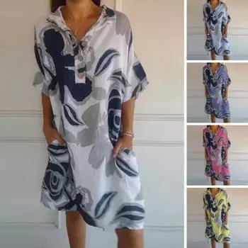 Женское повседневное свободное платье трапециевидной формы с цветочным принтом, платье макси, весна-лето, платье с короткими рукавами для вечеринки, пляжа L синий