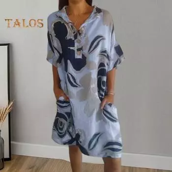 Женское повседневное свободное платье трапециевидной формы с цветочным принтом, весенне-летнее платье с короткими рукавами для офиса, вечеринки, пляжа L синий