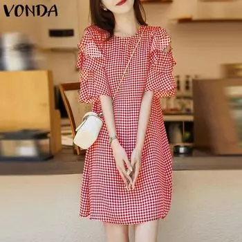 Женское повседневное свободное платье в клетку с открытыми плечами и короткими рукавами S чёрный