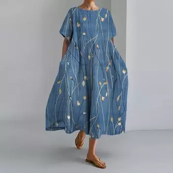 Женское повседневное свободное платье в стиле ретро с ботаническим цветочным принтом, хлопковое и льняное повседневное платье с короткими рукавами, пляжное платье L синий