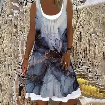 Женское повседневное свободное свободное платье из двух частей с принтом и большим распашным принтом XXXL синий