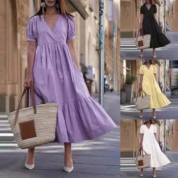 Женское повседневное свободное свободное платье с короткими рукавами и v-образным вырезом, сарафан L жёлтый