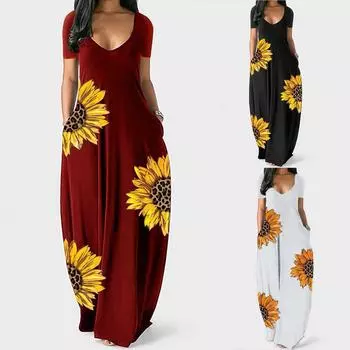 Женское повседневное свободное универсальное модное платье с принтом подсолнечника XXL чёрный