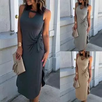 Женское повседневное темпераментное однотонное платье без рукавов с жилетом и разрезом по бокам XL серый