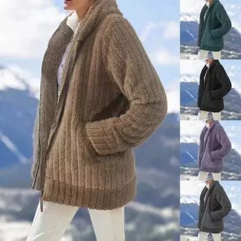 Женское повседневное теплое плюшевое однотонное свободное пальто с карманом на молнии и капюшоном L чёрный