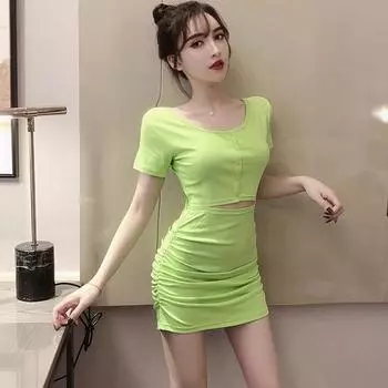 Женское повседневное тонкое хлопковое мини-платье в корейском стиле с круглым вырезом и коротким рукавом M