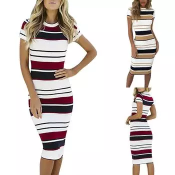 Женское повседневное тонкое платье средней длины в полоску в стиле ретро с круглым вырезом и короткими рукавами XXL красный