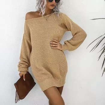 Женское повседневное трикотажное платье-свитер с открытыми плечами и рукавами-фонариками S белый