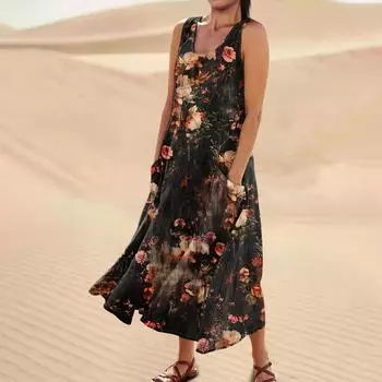 Женское повседневное удобное хлопковое карманное платье без рукавов с цветочным принтом L чёрный