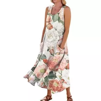 Женское повседневное удобное хлопковое карманное платье без рукавов с цветочным принтом L бежевый