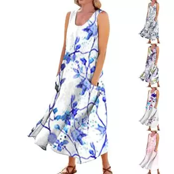 Женское повседневное удобное хлопковое карманное платье без рукавов с цветочным принтом L синий