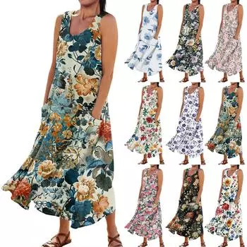 Женское повседневное удобное хлопковое карманное платье без рукавов с цветочным принтом L чёрный