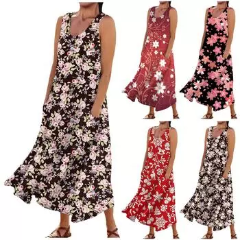 Женское повседневное удобное хлопковое карманное платье без рукавов с цветочным принтом L чёрный