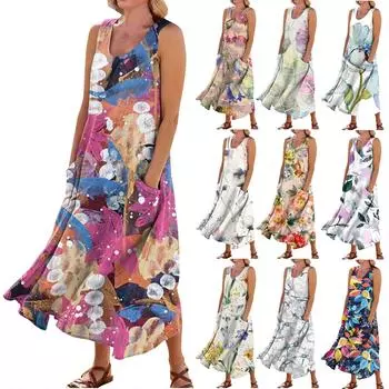 Женское повседневное удобное хлопковое карманное платье без рукавов с цветочным принтом XXXL оранжевый