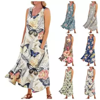 Женское повседневное удобное хлопковое карманное платье без рукавов с градиентным принтом L синий