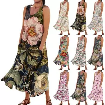 Женское повседневное удобное хлопковое карманное платье без рукавов с цветочным принтом L бежевый