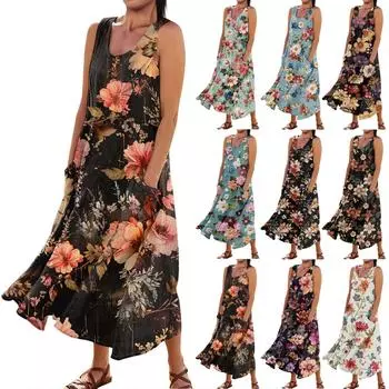 Женское повседневное удобное хлопковое карманное платье без рукавов с цветочным принтом L бежевый