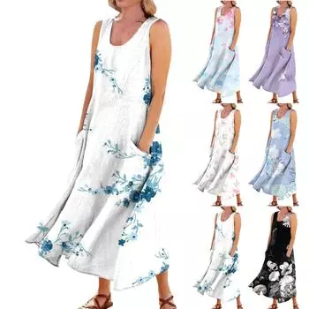 Женское повседневное удобное хлопковое карманное платье без рукавов с цветочным принтом L чёрный