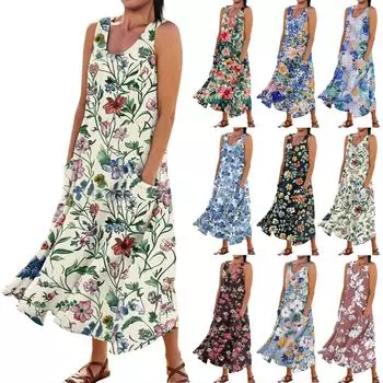 Женское повседневное удобное хлопковое карманное платье без рукавов с цветочным принтом L бежевый