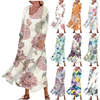 Женское повседневное удобное хлопковое карманное платье с цветочным принтом и рукавами три четверти XXL оранжевый