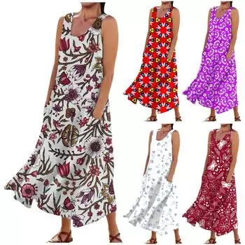 Женское повседневное удобное хлопковое карманное платье без рукавов с цветочным принтом L синий