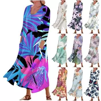 Женское повседневное удобное хлопковое карманное платье с цветочным принтом и рукавами три четверти L бежевый